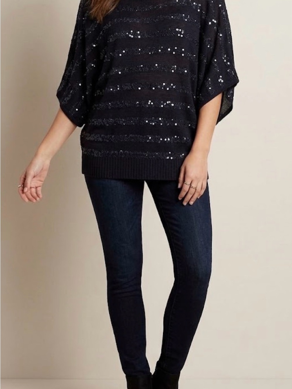 New York & Company Black Sequin Stripe Dolman Sweater Poncho